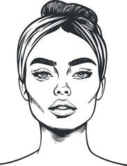 Black and white sketch illustration of a woman's face with hair in a bun and strong facial features