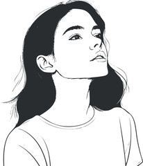 Black and white line art illustration of a young woman in profile with long hair and a calm expression.