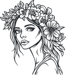 Black and white line art illustration of a woman's portrait wearing a flower crown with detailed floral and leaves design.