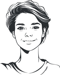 Black and white illustration of a young woman with short hair smiling confidently in a casual t-shirt