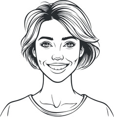 Black and white line art portrait of a young woman smiling with short hair and friendly expression