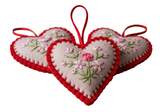 Three decorative hearts with floral embroidery isolated on transparent background