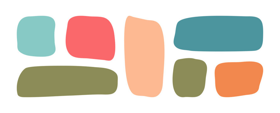 Organic shape rectangle, square set. Abstract kid irregular frame, child text box, fun basic form, colorful bubble, round blob isolated on white bg. Geometry banner hand drawn. Vector illustration