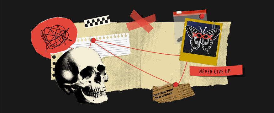 Vintage evidence board background with retro detective elements: clues, halftone skull, photo, speech bubble, newspaper clippings, pins and tape. Ideal for crime, mystery, noir design.