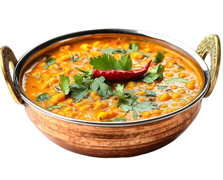 Indian popular food Dal fry or traditional Dal Tadka Curry served in a bowl, isolated on white background
