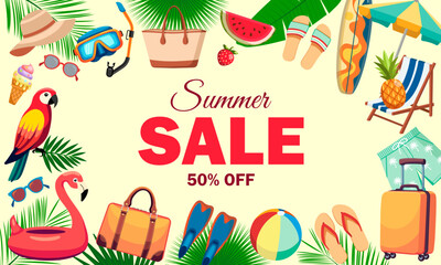 Colorful summer sale banner with beach and vacation elements such as tropical fruits, flip-flops, travel bags, and sunglasses. Perfect for promoting seasonal discounts, travel offers, or summer-themed