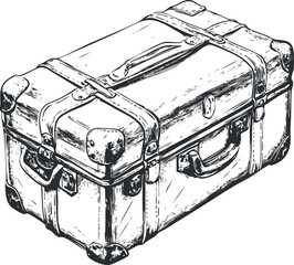Black and white sketch of a vintage suitcase with handles, straps, and lock for travel and storage