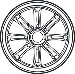 Obraz premium Black and white illustration of a vintage wooden wagon wheel with spokes and a circular rim