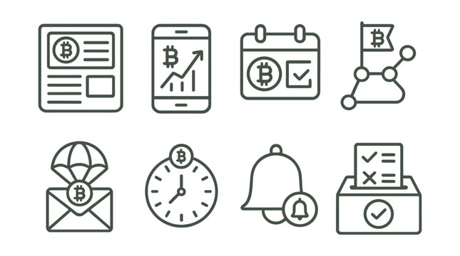Line style icons of crypto investments: crypto investment newsfeed, investment updates tracker, earnings report calendar, project development roadmap tracker, upcoming airdrop alert, token unlock
