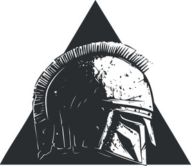 Black and white silhouette of an ancient warrior helmet with crest against a dark triangle background.