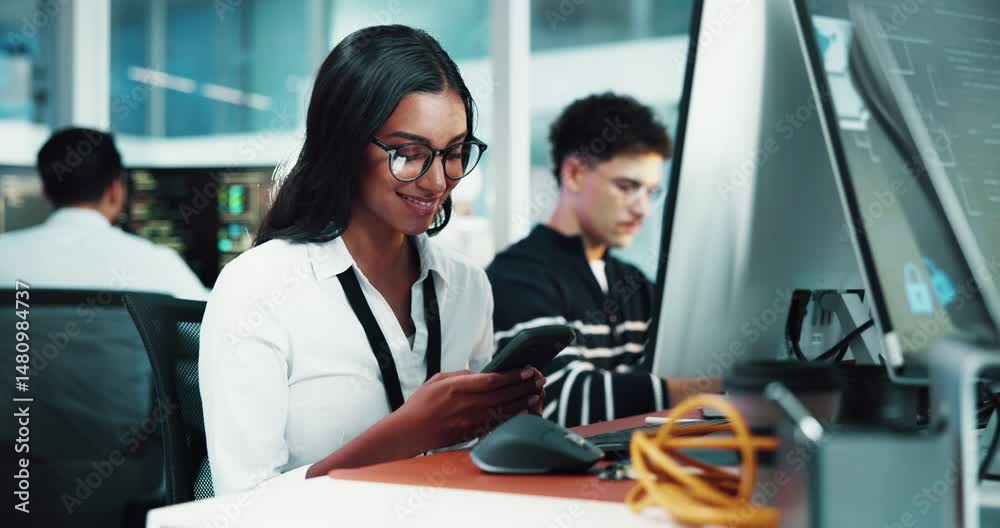 Leinwandbilder woman, software developer and typing with phone at office for digital design or cybersecurity, femal
