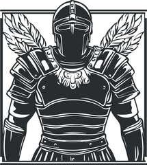 Black and white illustration of a medieval knight in full armor with feather decorations on shoulders