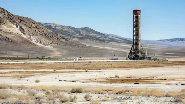 A solitary industrial structure rises in a vast desert landscape, illustrating human innovation amidst nature's expanse.