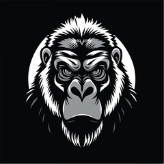 Gorilla head black silhouette on black background. Gorilla Face Icon. Minimal Gorilla Head Symbol. Vector illustration. 