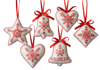 Christmas ornaments with red ribbons isolated on transparent background