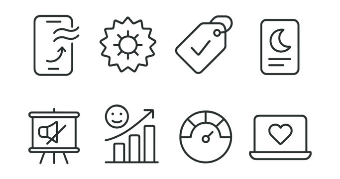 Line style icons of digital wellbeing balance: scroll and breathe icon, content energy badge, vibe check tag, rest from feed file, mute for peace board, positive input chart, energy meter bubble,