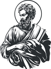 Black and white illustration of a bearded saint with a halo wearing a robe in religious art style
