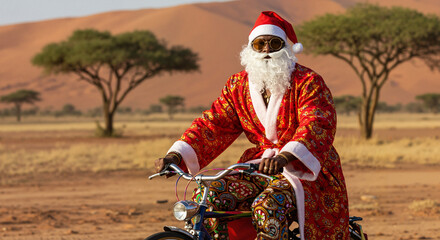 Obraz premium Santa riding a bicycle in Africa, wearing a colorful robe and smiling joyfully 