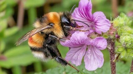 Bumblebee on pink flower macro closeup wildlife nature photography