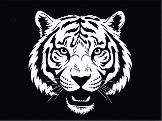 Tiger silhouette on Black background. Tiger Face Icon. Minimal Tiger Head Symbol. Tiger Logo. Vector illustration. 