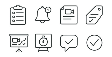 Line style icons of virtual meeting preparation: agenda icon, reminder badge, preparation file, action items tag, prep notes chart, meeting timer board, check-in bubble, readiness symbol.
