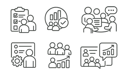 Line style icons of team collaboration on surveys: survey collaboration icon, shared results badge, team edit tag, feedback roundtable file, admin control board, group response chart, peer review