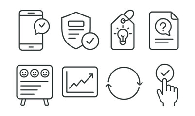 Line style icons of survey feedback loops: real-time feedback icon, response tracker badge, actionable insights tag, follow-up question file, continuous survey board, ongoing feedback chart,