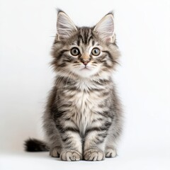 Obraz premium Adorable Tabby Kitten with Fluffy Fur Poses Against White Background