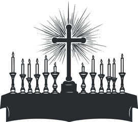 Black and white illustration of a cross surrounded by lit candles on an altar with radiant light behind