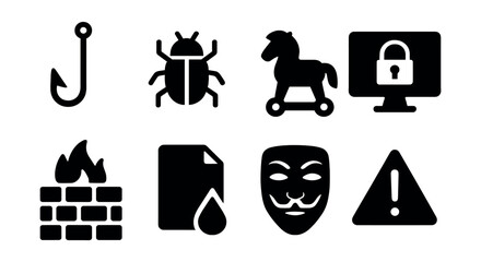 Solid style icons of cybersecurity threats: phishing hook, malware bug, trojan horse, ransomware, firewall breach, data leak, hacker mask, security alert.