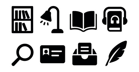 Solid style icons of library and reading: bookshelf, reading lamp, open book, audiobook, magnifying glass, library card, index file, author quill.