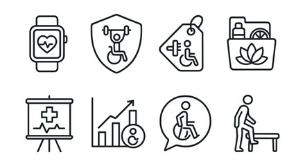 Fototapeta premium Line style icons of health and wellness accessibility: fitness tracker icon, adaptive exercise badge, inclusive gym tag, wellness tools file, medical assistance board, healthcare access chart,