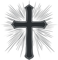 Black and white illustration of a Christian cross with radiant light rays background symbolizing faith and spirituality