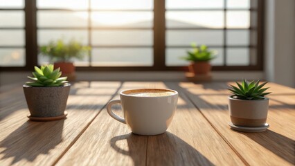 Concept of Minimalist Coffee Shop with Open Space and Green Plants, Bright morning scene with a coffee cup and succulent plants on a wooden table by a window.