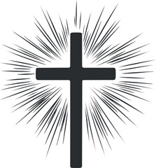 Black cross with radiant light rays symbolizing Christian faith, spirituality, and religious belief.