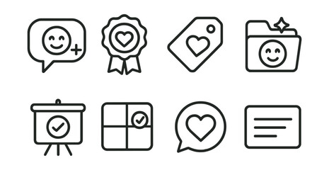 Line style icons of affirmations: positive phrase icon, “I am enough” badge, self-love tag, confidence booster file, daily affirmation board, positive reminder chart, self-worth bubble, empowering