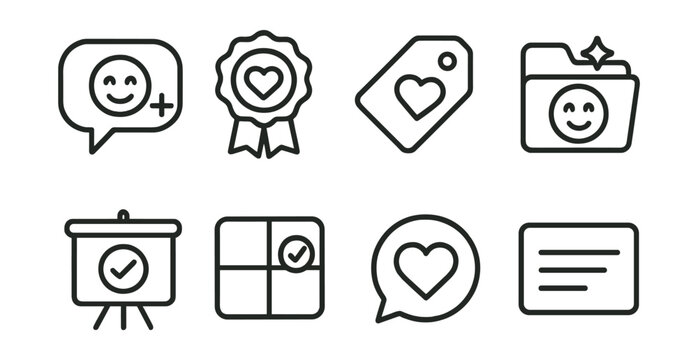 Line style icons of affirmations: positive phrase icon, “I am enough” badge, self-love tag, confidence booster file, daily affirmation board, positive reminder chart, self-worth bubble, empowering