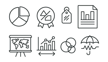 Line style icons of portfolio diversification: pie chart icon, asset class badge, risk allocation tag, balance across sectors file, regional exposure board, diversification strategy chart, asset mix