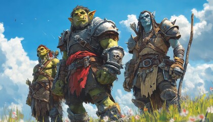 Three Green Skinned Fantasy Creatures in a Sunny Field