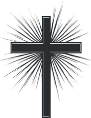 Black Christian cross with radiant light rays symbolizing faith and spirituality in Christianity