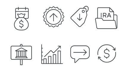 Line style icons of tax-efficient investing: tax-deferred icon, capital gain rate badge, tax-loss harvest tag, IRA account file, municipal bond board, 401(k) plan chart, Roth conversion bubble, net