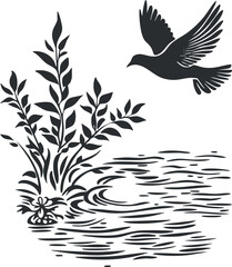 Silhouette of a bird flying over a pond with plants and leaves in a natural outdoor setting