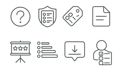 Line style icons of survey creation: question mark icon, poll form badge, multiple choice tag, text input file, rating scale board, Likert scale chart, drop-down menu bubble, survey creator symbol.