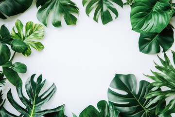 Naklejka premium Tropical leaves arranged in a frame around a white background. Different shapes and shades of green foliage