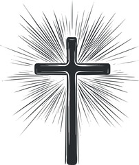 Black Christian cross illustration with radiant light rays symbolizing faith and spirituality