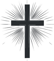 Black Christian cross with radiating light rays symbolizing faith and spirituality on white background