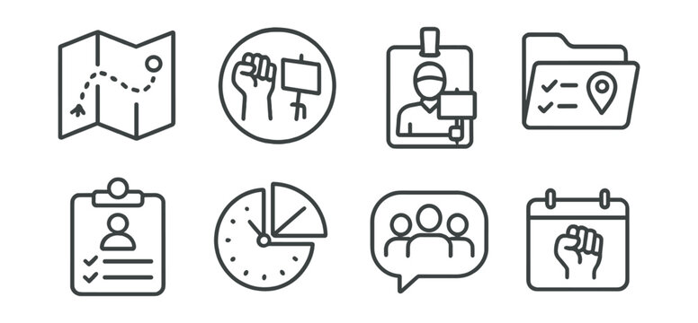Line style icons of protest preparation: march route icon, protest materials badge, crowd organizer tag, event logistics file, volunteer role board, protest timing chart, group meet-up bubble,