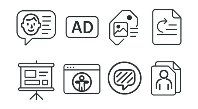 Line style icons of universal content access: plain language icon, audio description badge, image-to-text tag, easy-to-navigate file, alternative formats board, inclusive web chart, visual cue bubble