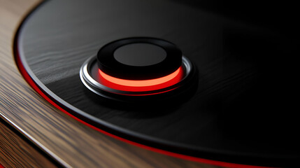 Red Illuminated Button on Dark Wood Panel