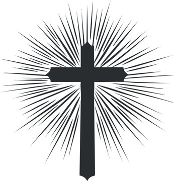 Black silhouette of a Christian cross with radiant light rays symbolizing faith and spirituality